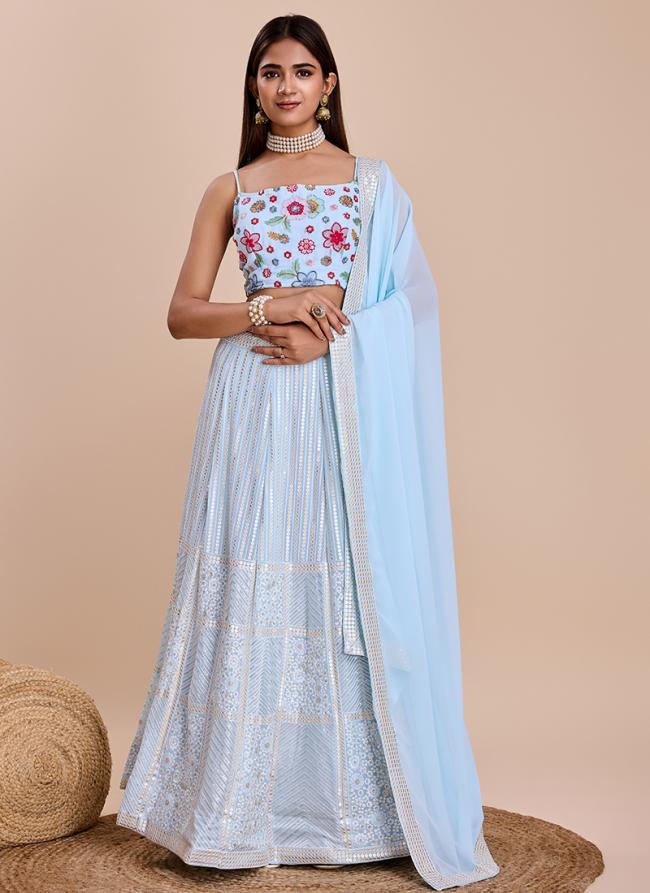 Faux Georgette Sky Blue Wedding Wear Embroidery Work Lehenga Choli